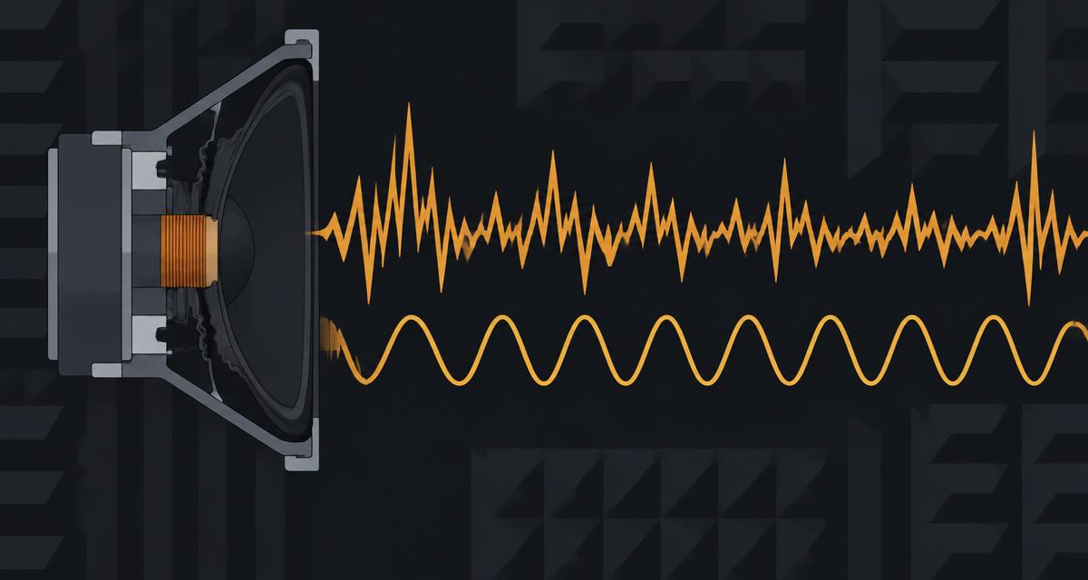 Speaker cone with a jagged, crackling amber waveform above a smooth clean waveform for comparison