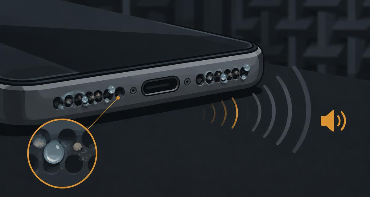 Close-up of a phone speaker grille with water droplets and dust blocking the holes, weakening the sound waves