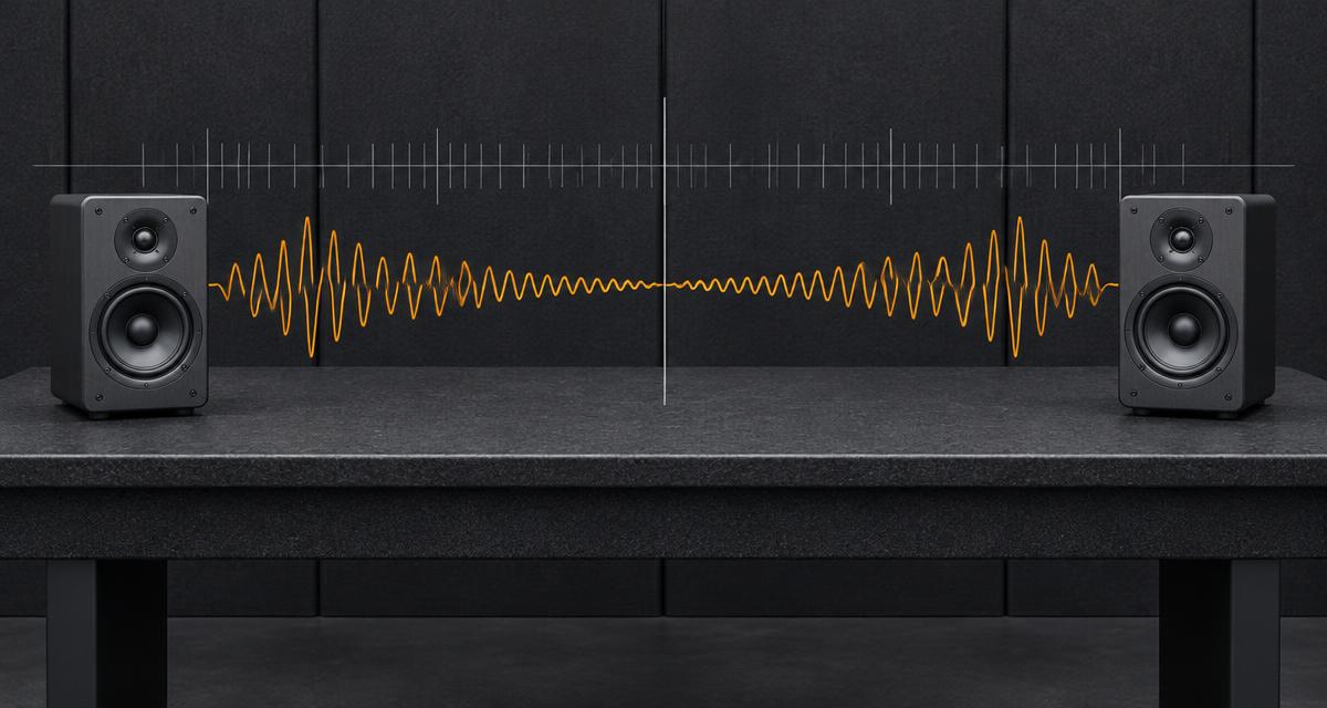 Left and right speakers connected by a balanced amber audio waveform