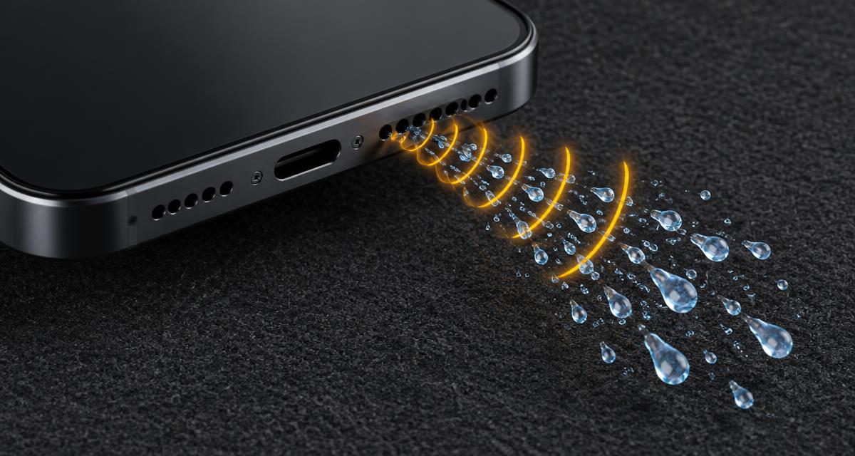 Low-frequency pulses expelling water droplets from a phone speaker grille